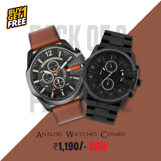 Analog Watch Combo (Brown Leather + Black Metal)
